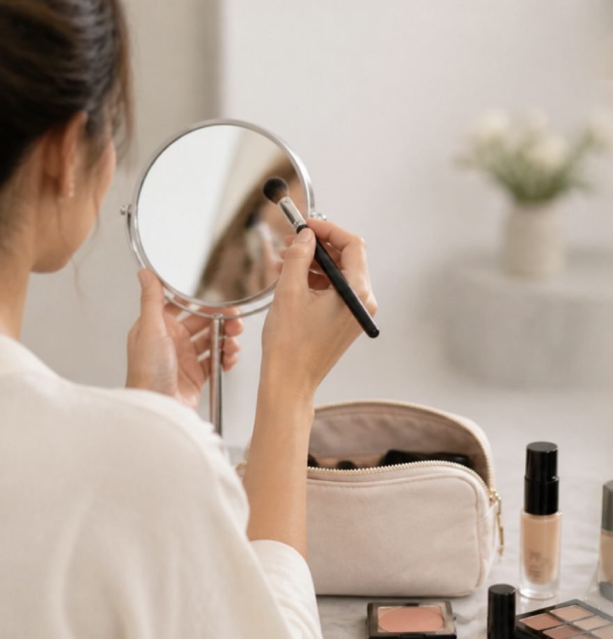 Frau schminkt sich selbst vor einem Spiegel mit Make-up-Utensilien