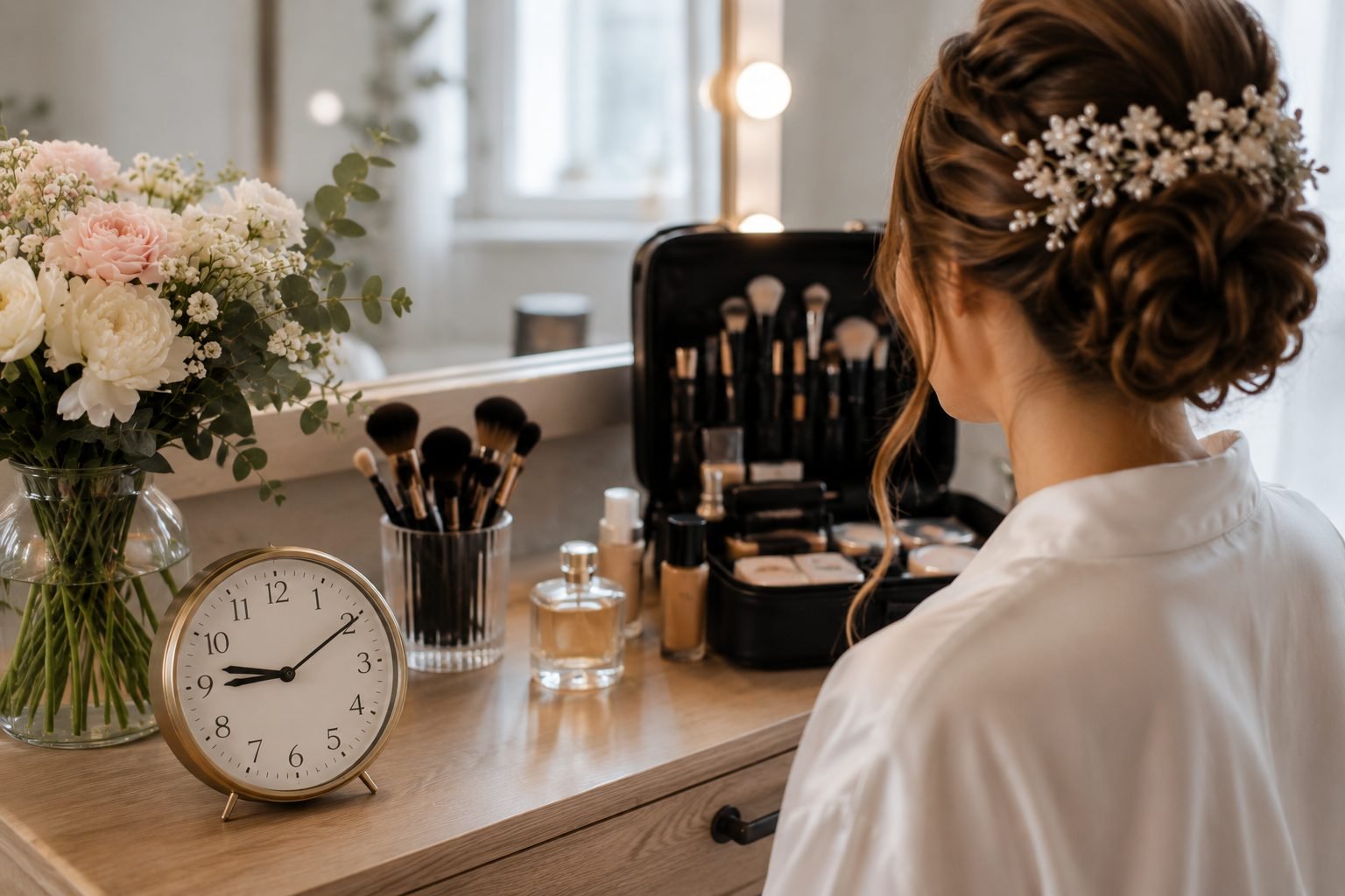 Brautmakeup Zeitplan Hochzeitsmorgen – Braut mit Uhr am Schminktisch, Getting Ready Vorbereitung